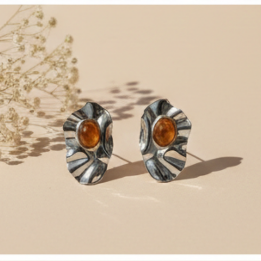 Shadiva Marka Model Kehribar Taşlı Gold Plaka Küpe