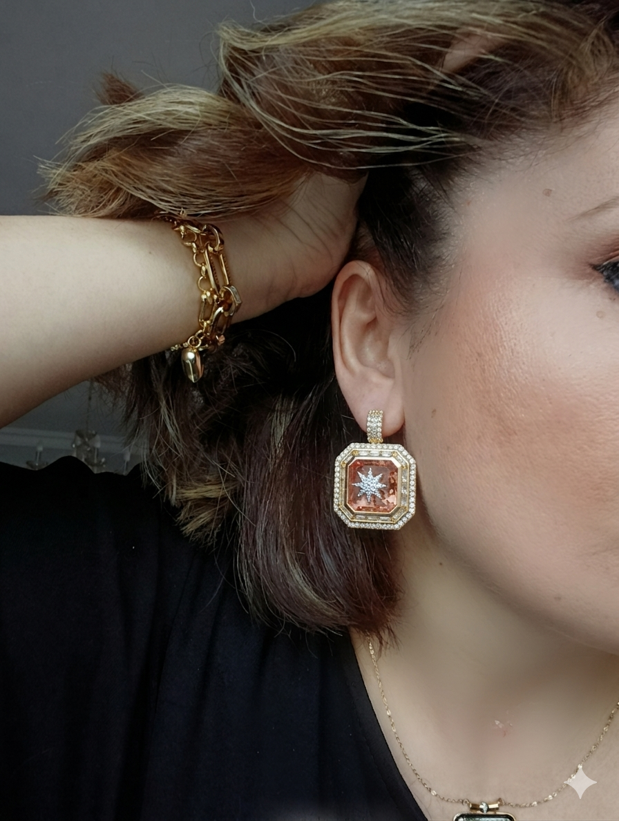 Shadiva Zirkon Taş Gold PembeRenk Detay Küpe