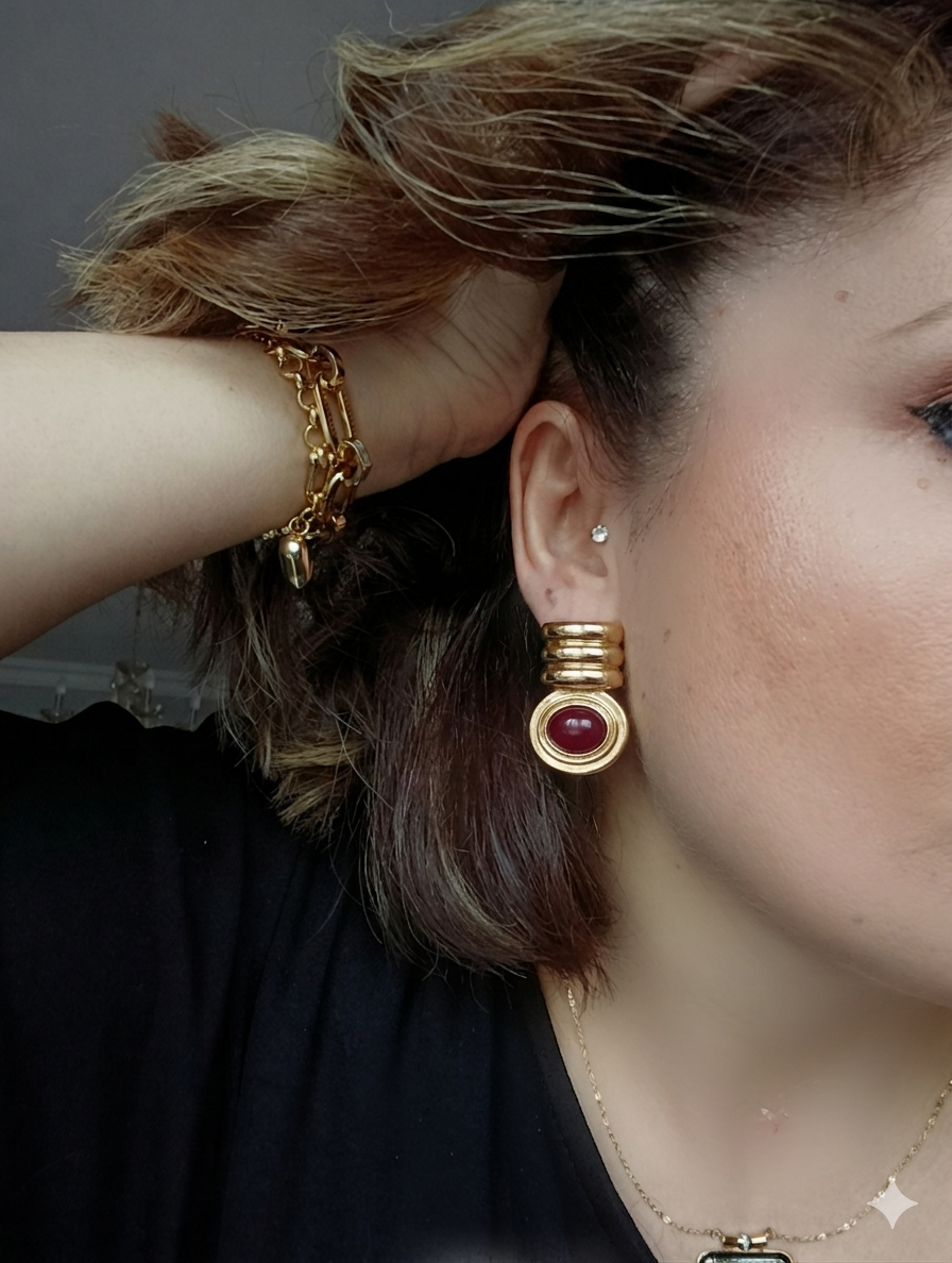 Shadiva Retro Gold Kaplama Bordo Taşlı Küpe