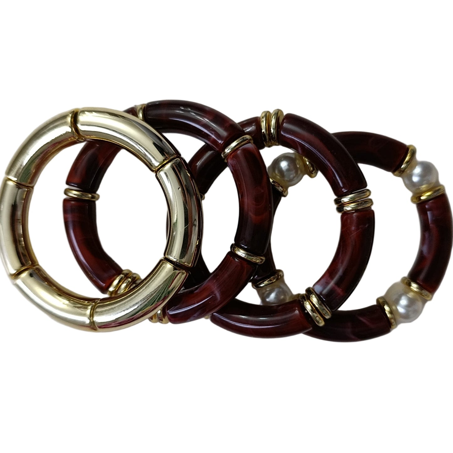 Gold Bordo Tonlu ve İncili Dörtlü Lastikli Bileklik