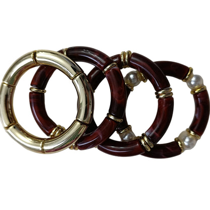 Gold Bordo Tonlu ve İncili Dörtlü Lastikli Bileklik