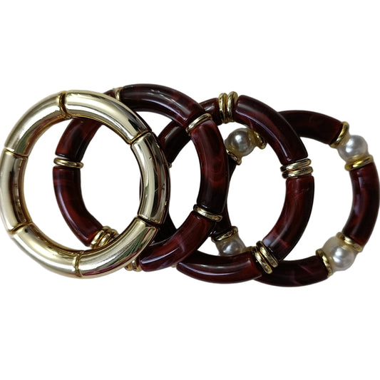 Gold Bordo Tonlu ve İncili Dörtlü Lastikli Bileklik