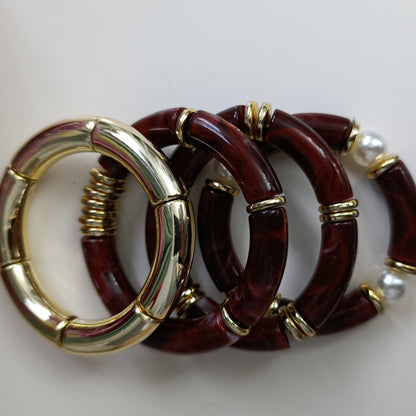 Gold Bordo Tonlu ve İncili Dörtlü Lastikli Bileklik