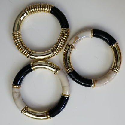 Gold Siyah ve Kemik Tonlu Üçlü Lastikli Bileklik