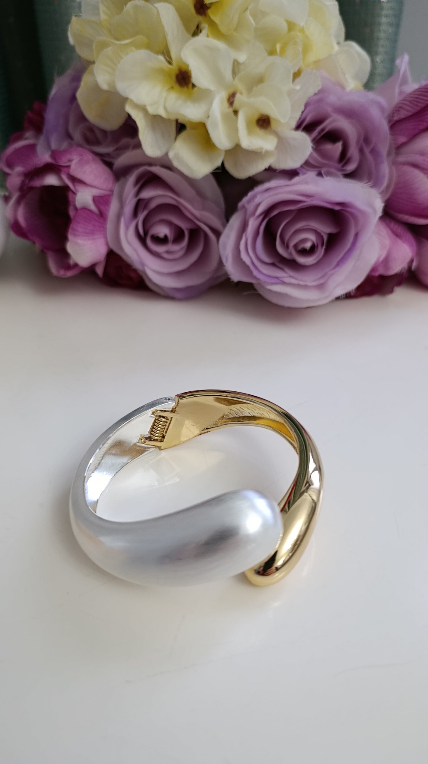 Gold Mat Silver Sedefli Kelepçe Bileklik