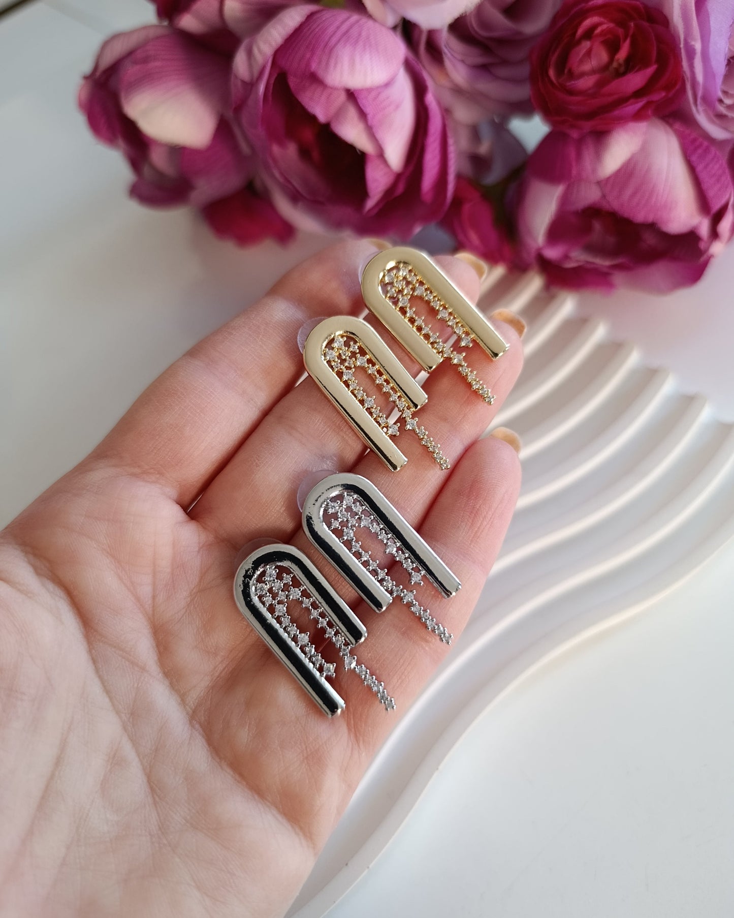 Shadiva Gold Silver Taşlı U Küpe