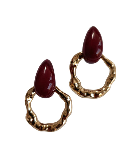 Shadiva Zra Model Bordo Taşlı Gold Küpe