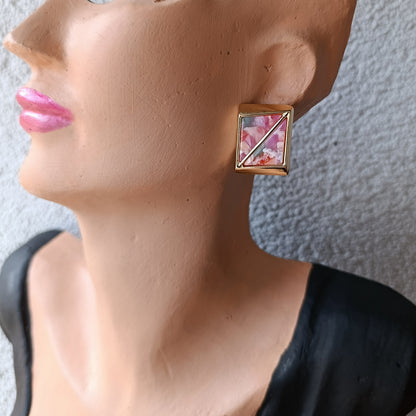Shadiva Özel Seri Dikdortgen Tasarım Gold Pembe Detay Küpe
