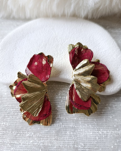 Shadiva Gold Bordo Tül Çiçek Küpe