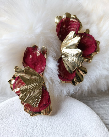 Shadiva Gold Bordo Tül Çiçek Küpe