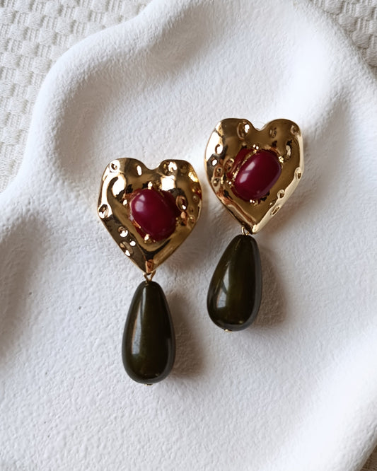 Shadiva Bordo Taşlı ve Zeytin Yeşili Damla Detaylı Statement Küpe