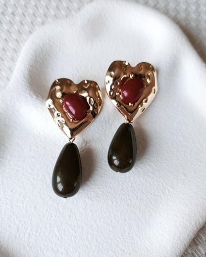 Shadiva Bordo Taşlı ve Zeytin Yeşili Damla Detaylı Statement Küpe