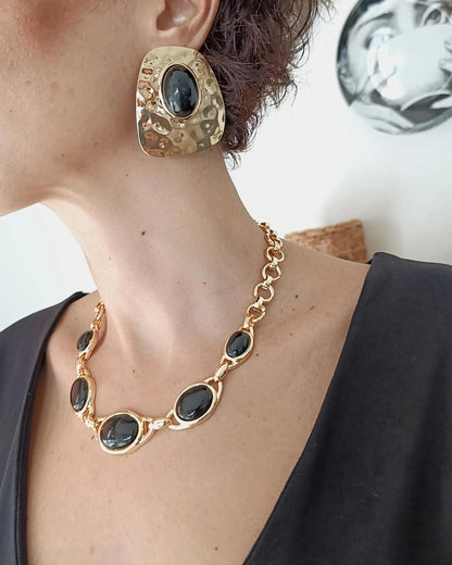 Shadiva Siyah Oval Taşlı Gold Zincir Kolye