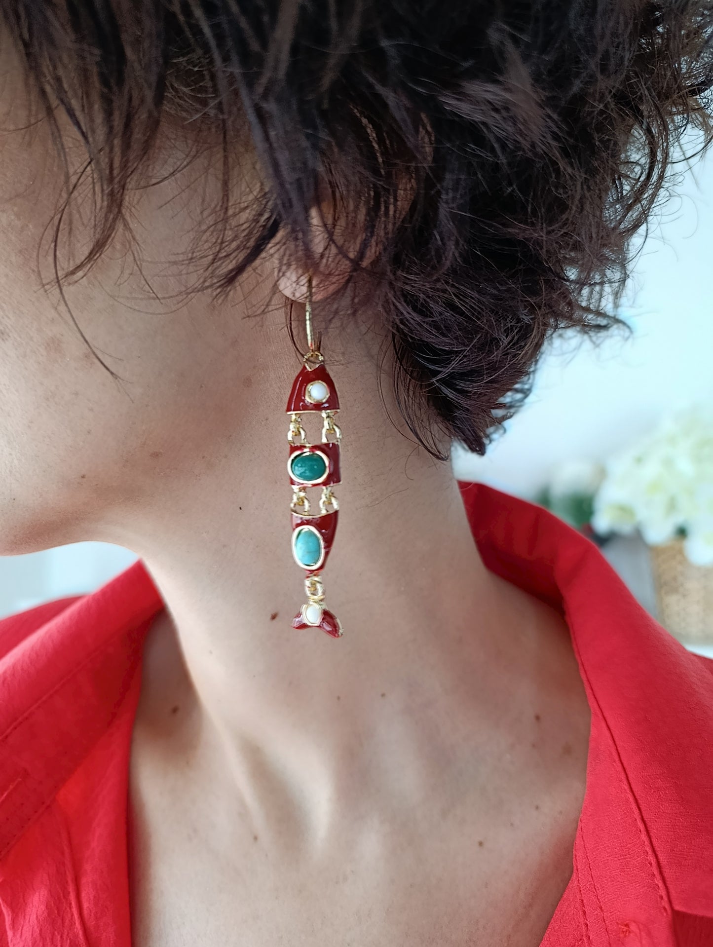 Shadiva Bohem Tarz Turkuaz Taşlı Bordo Balık Küpe