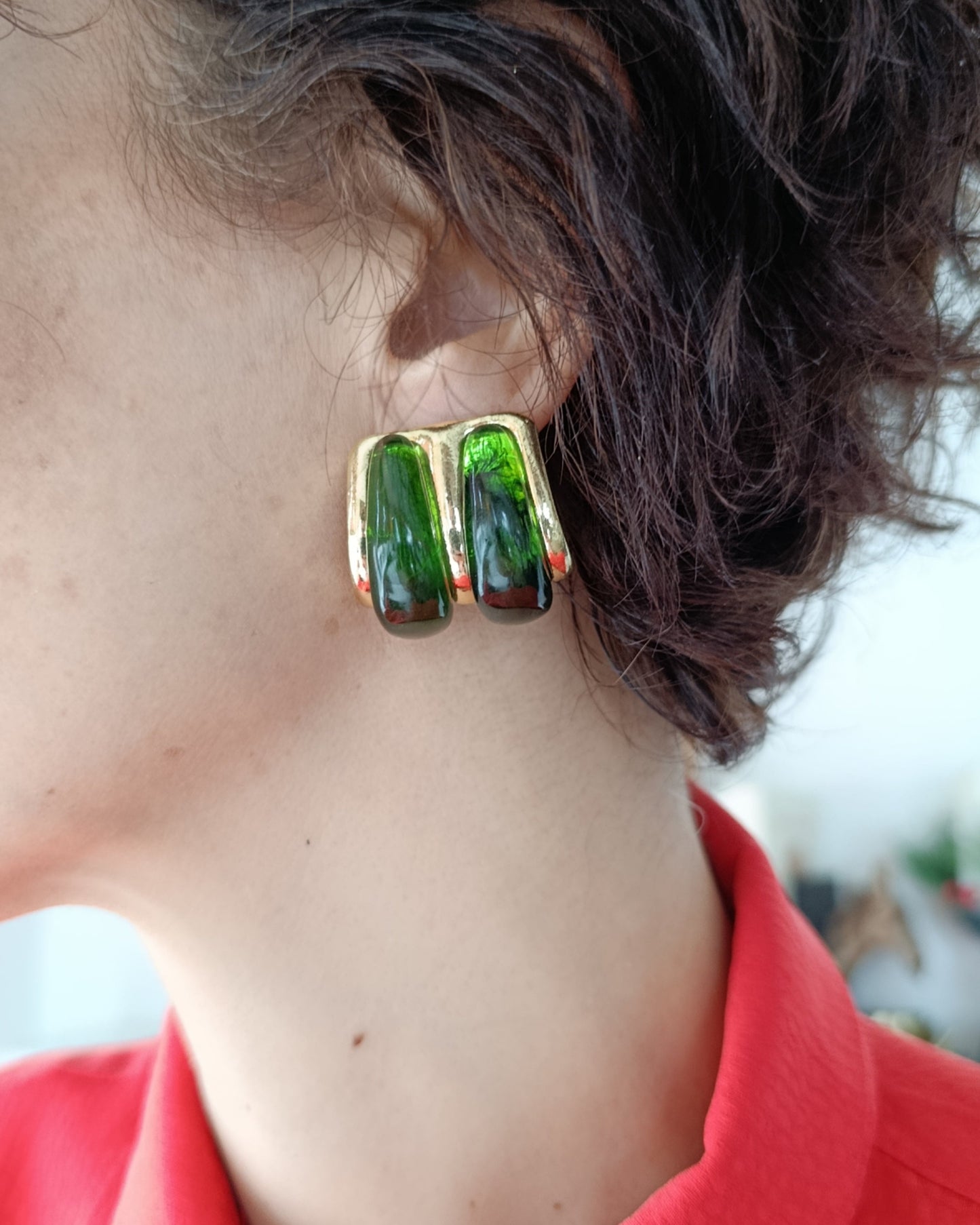 Shadiva Vintage Esintili Yeşil ve Altın Küpe