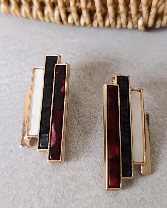 Shadiva Bordo ve Sedef Detaylı Geometrik Gold Küpe