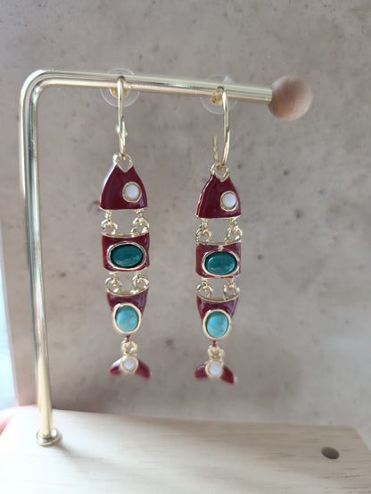 Shadiva Bohem Tarz Turkuaz Taşlı Bordo Balık Küpe