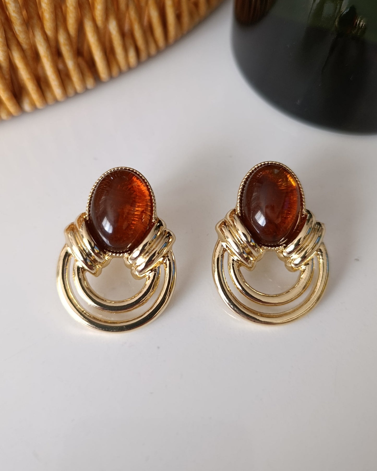 Shadiva Kehribar Detaylı Vintage Altın Halka Küpe