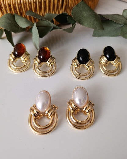 Shadiva Siyah Taş Detaylı Vintage Altın Halka Küpe