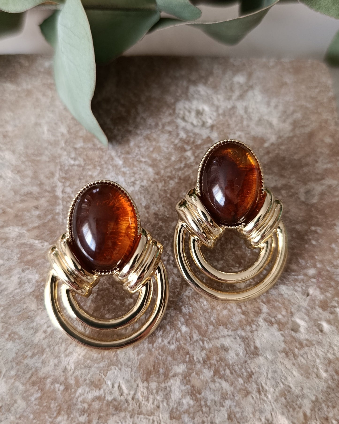 Shadiva Kehribar Detaylı Vintage Altın Halka Küpe