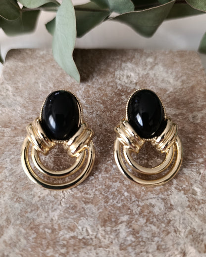 Shadiva Siyah Taş Detaylı Vintage Altın Halka Küpe