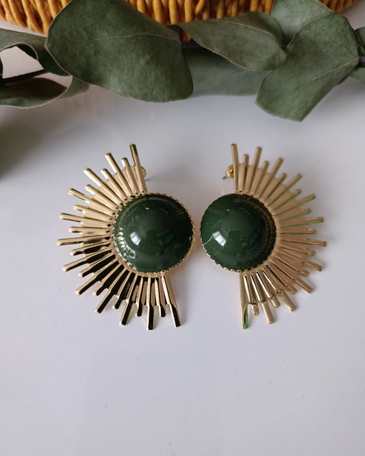 Shadiva Güneş Formlu Yeşil Taşlı Gold Küpe