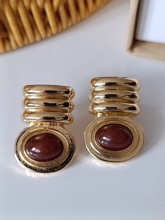 Shadiva Retro Gold Kaplama Kahverengi Taşlı Küpe