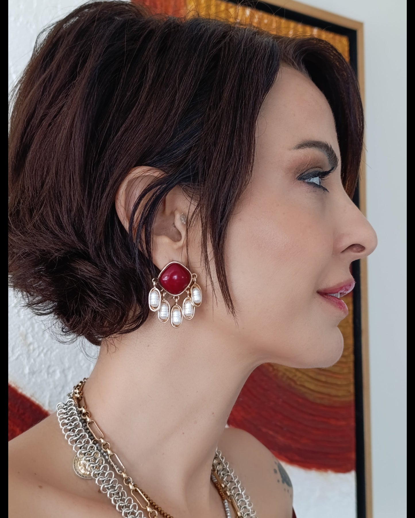 Shadiva Bordo Kare Taşlı ve İncili Sallantılı Vintage Küpe
