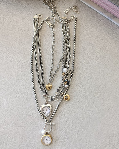 Shadiva Vintage Retro Saat Uçlu ve İncili Katmanlı Tasarım Kolye