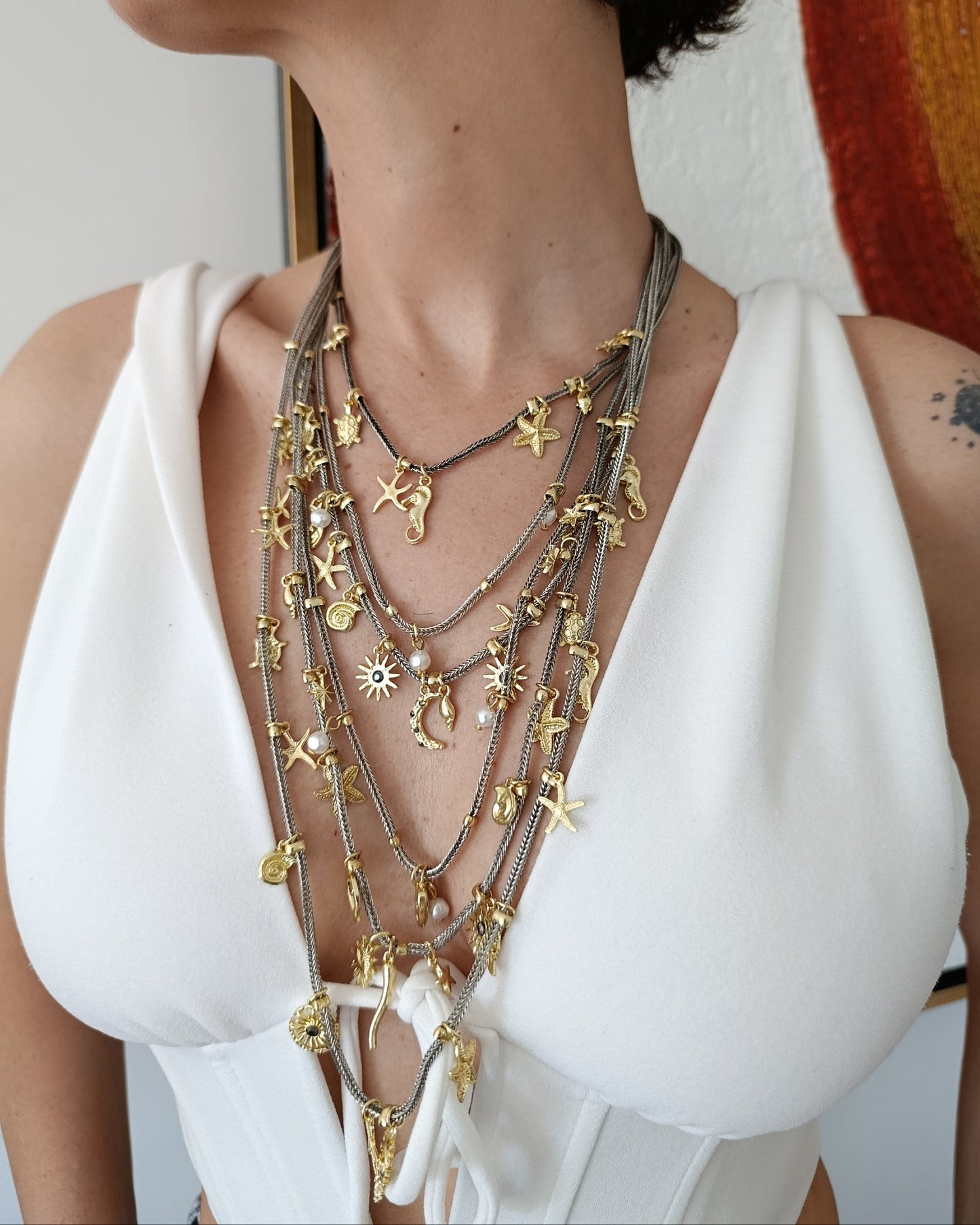 Shadiva Deniz Yıldızı ve Güneş Detaylı Çok Katmanlı Charmlı Zincir Kolye