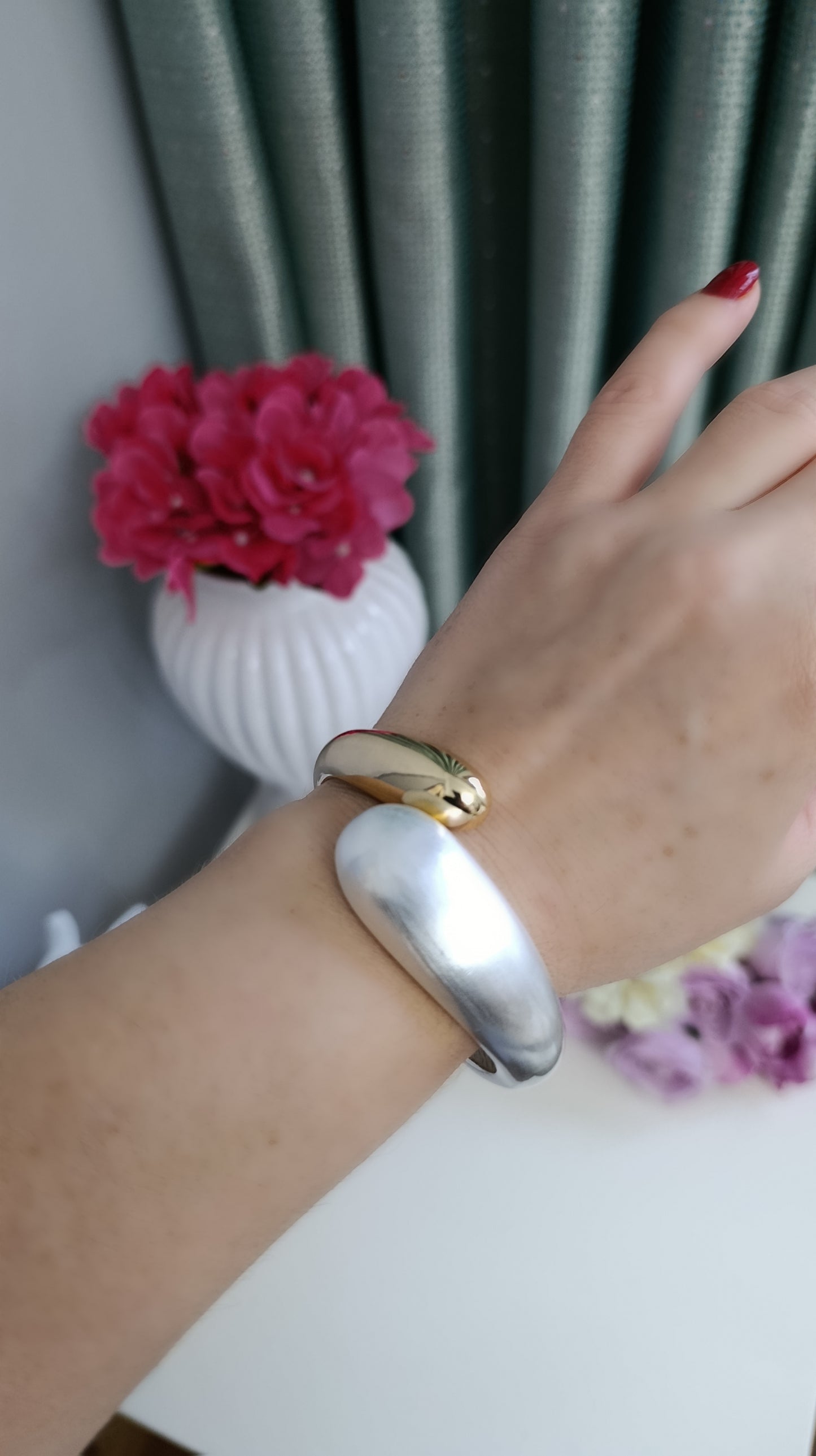 Gold Mat Silver Sedefli Kelepçe Bileklik