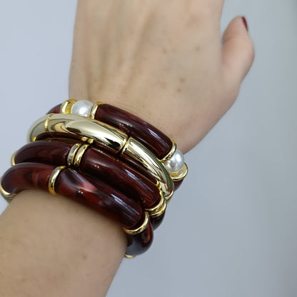 Gold Bordo Tonlu ve İncili Dörtlü Lastikli Bileklik