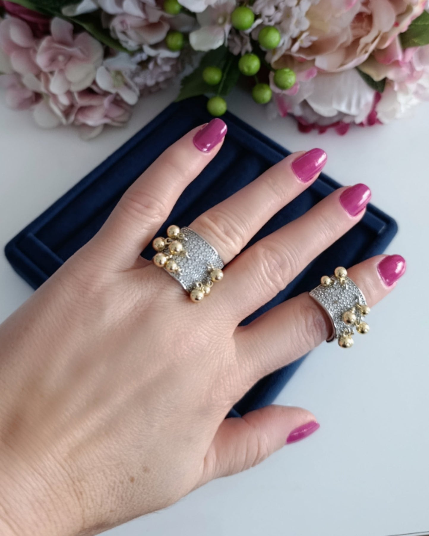 Shadiva Gold Silver Full Zirkon Taşlı Topçuk Detay Yüzük