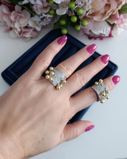 Shadiva Gold Silver Full Zirkon Taşlı Topçuk Detay Yüzük